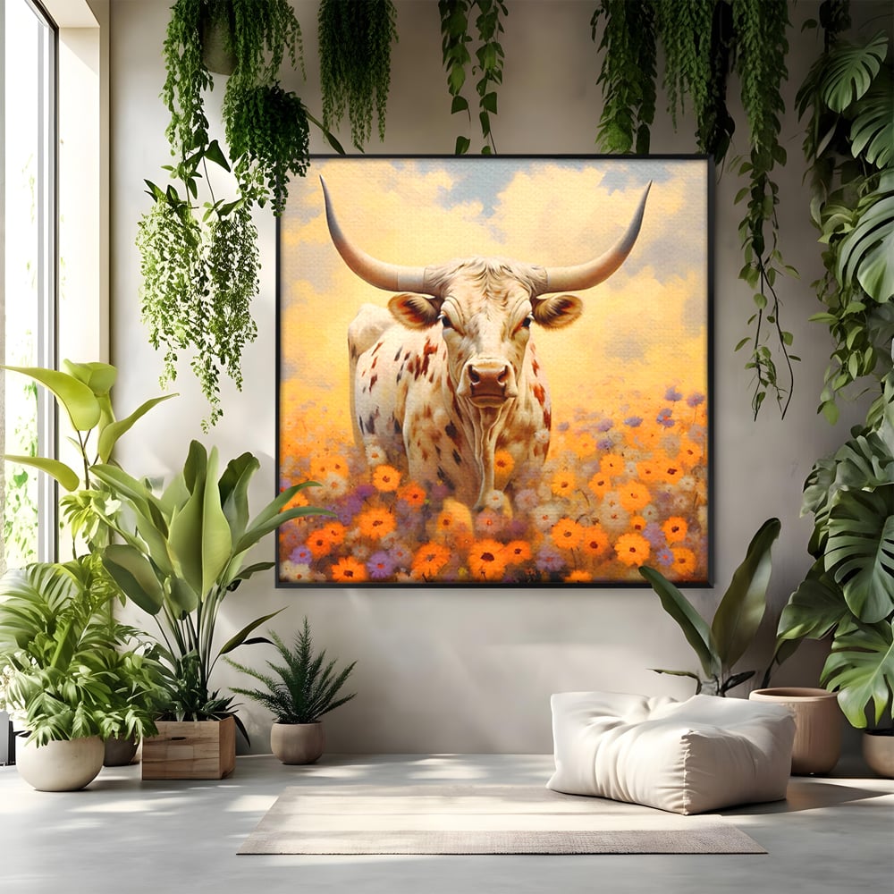 Tablou canvas cu tablou canvas cu bivol cu coarne mari, in rama de aluminiu negru